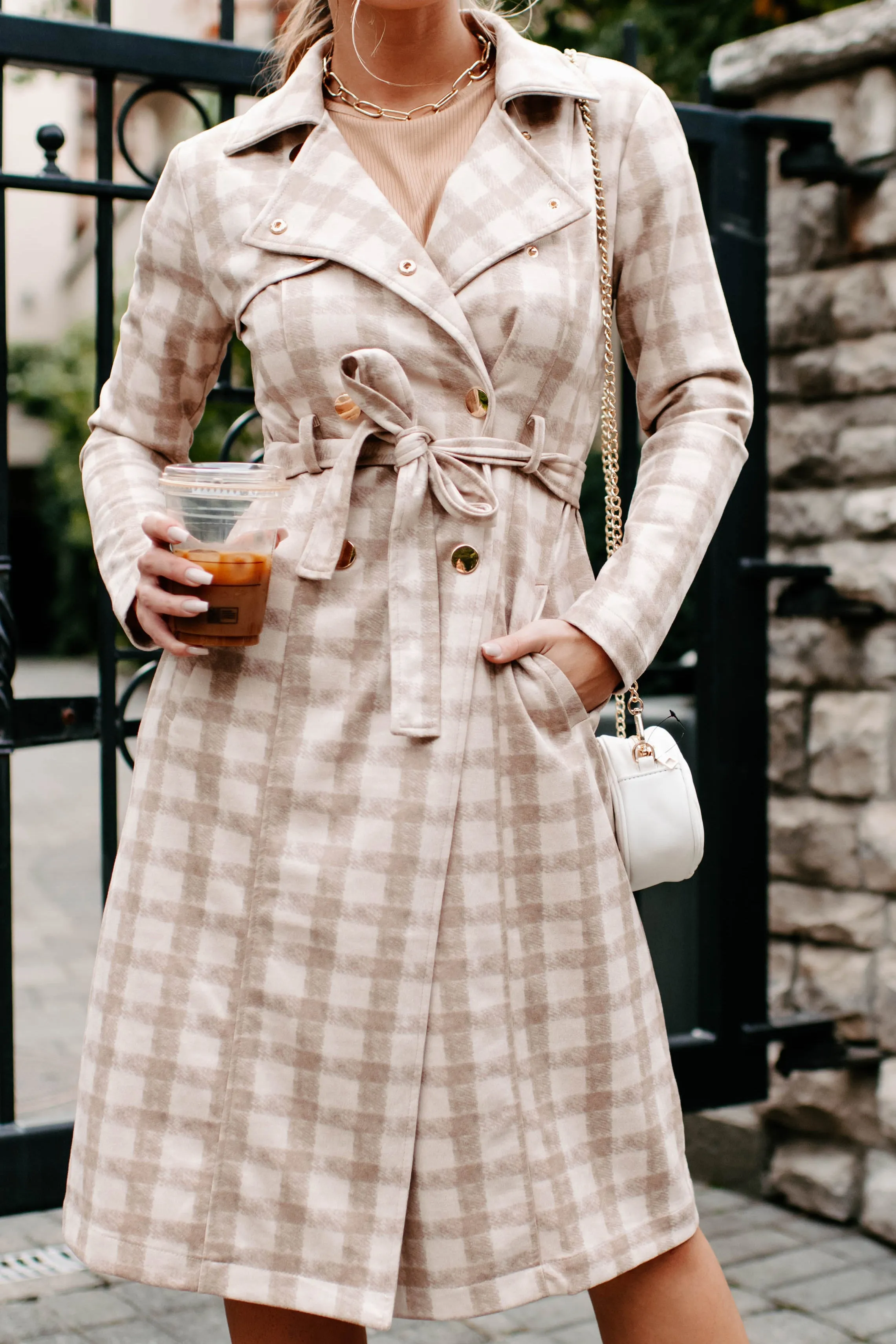 Ebb & Flow Plaid Trench Coat (Light Camel)