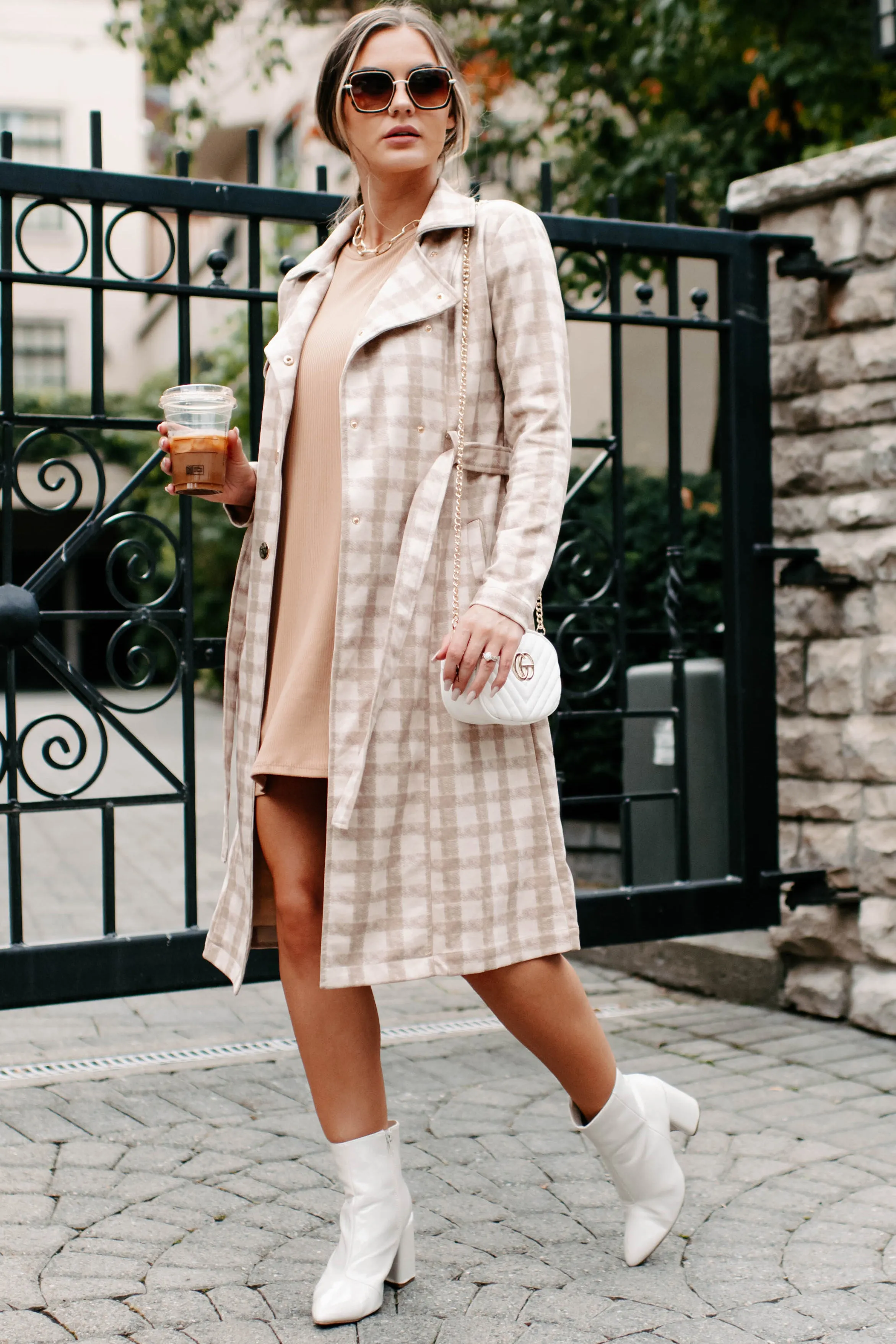 Ebb & Flow Plaid Trench Coat (Light Camel)