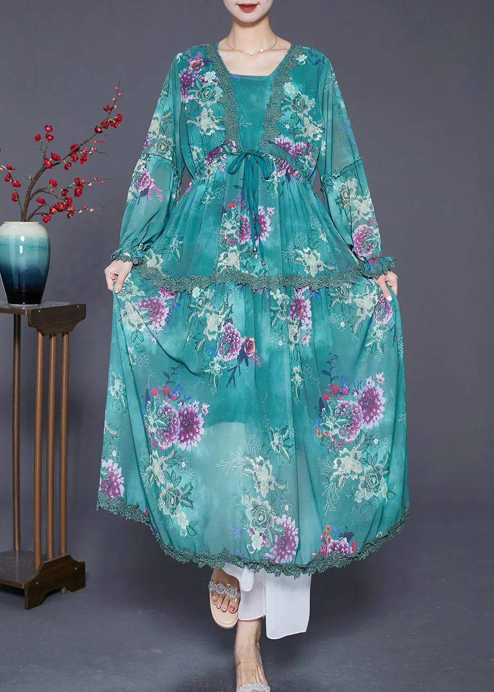 Elegant Blackish Green Cinched Patchwork Exra Large Hem Chiffon Beach Dress Summer LY6570