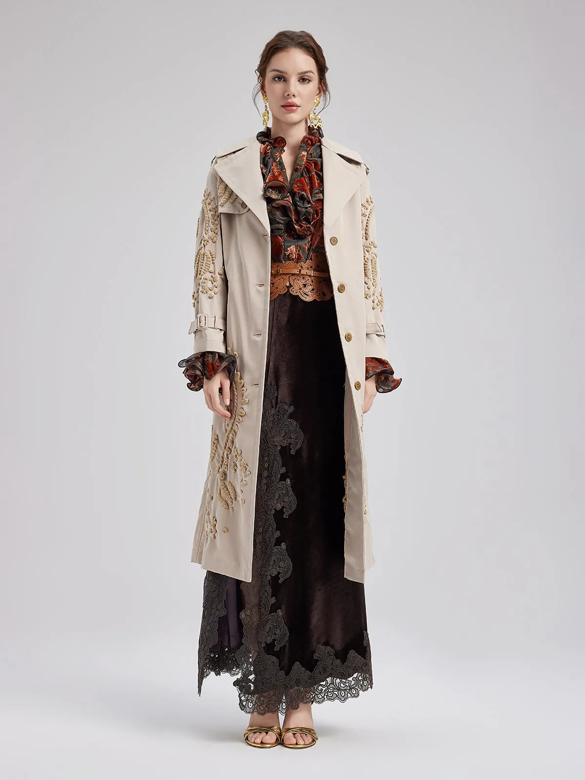 Embroidered Double-Breasted Trench Coat