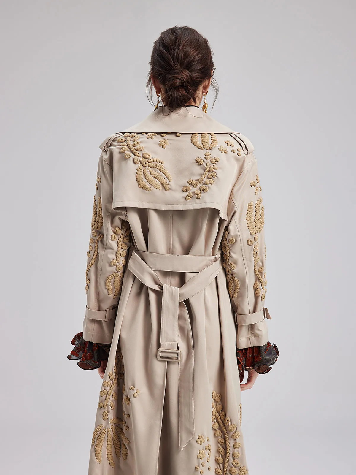 Embroidered Double-Breasted Trench Coat