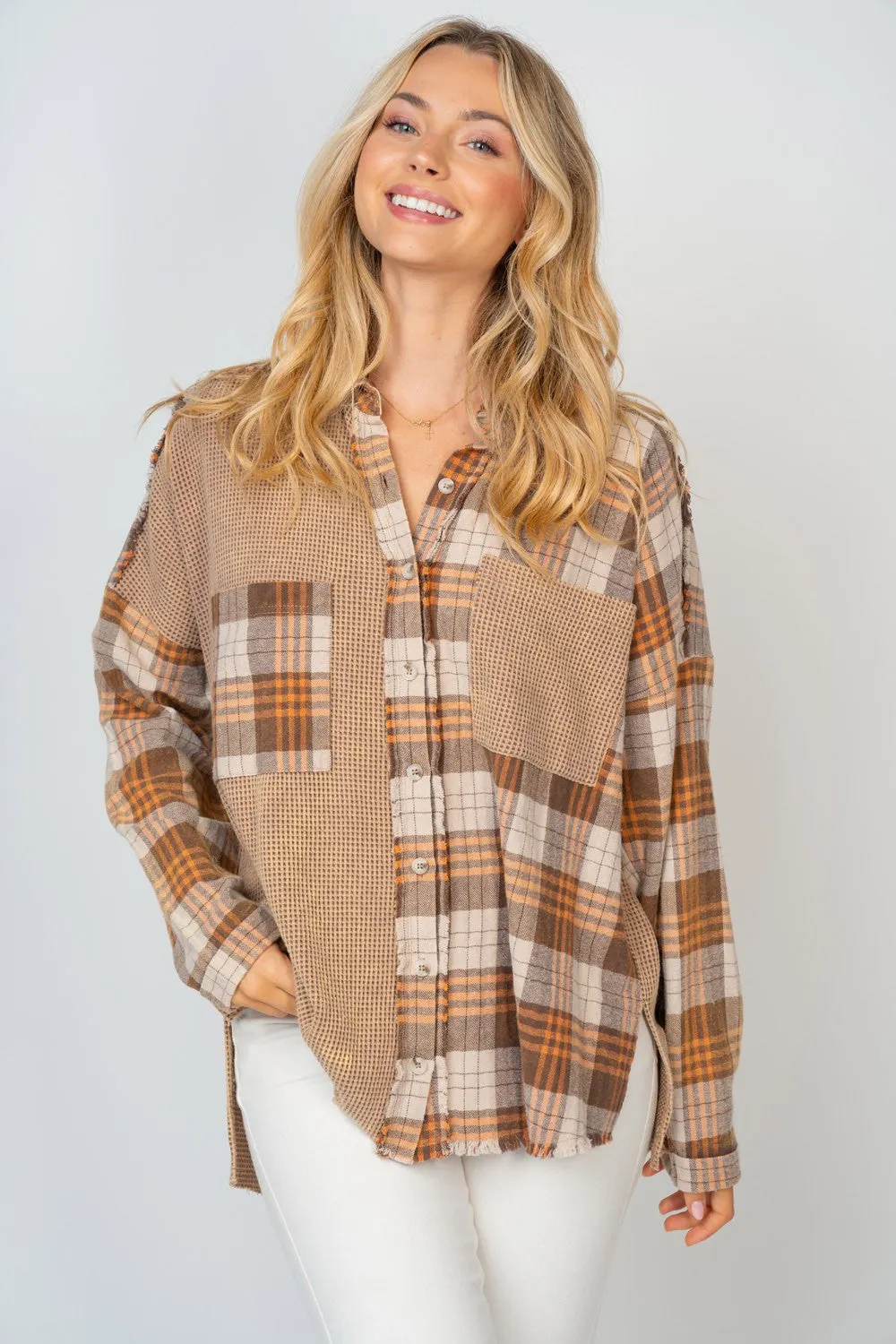 Full Size Contrast Plaid Button Down Shirt