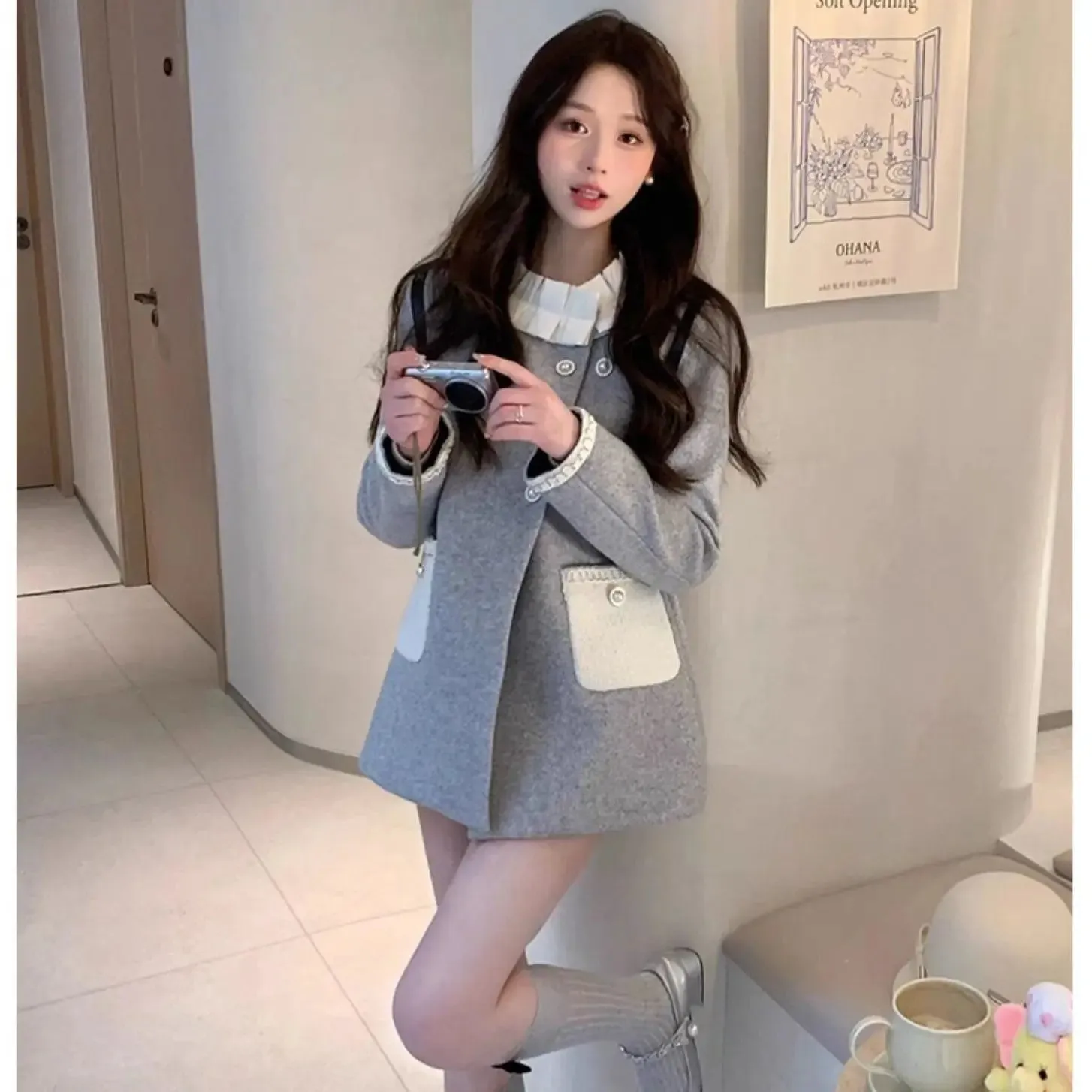 Girlary Wood Ear Hem Wool Coat Women Small Fragrance Patchwork Contrast Jackets French Celebrity Princess Style Trench Coat