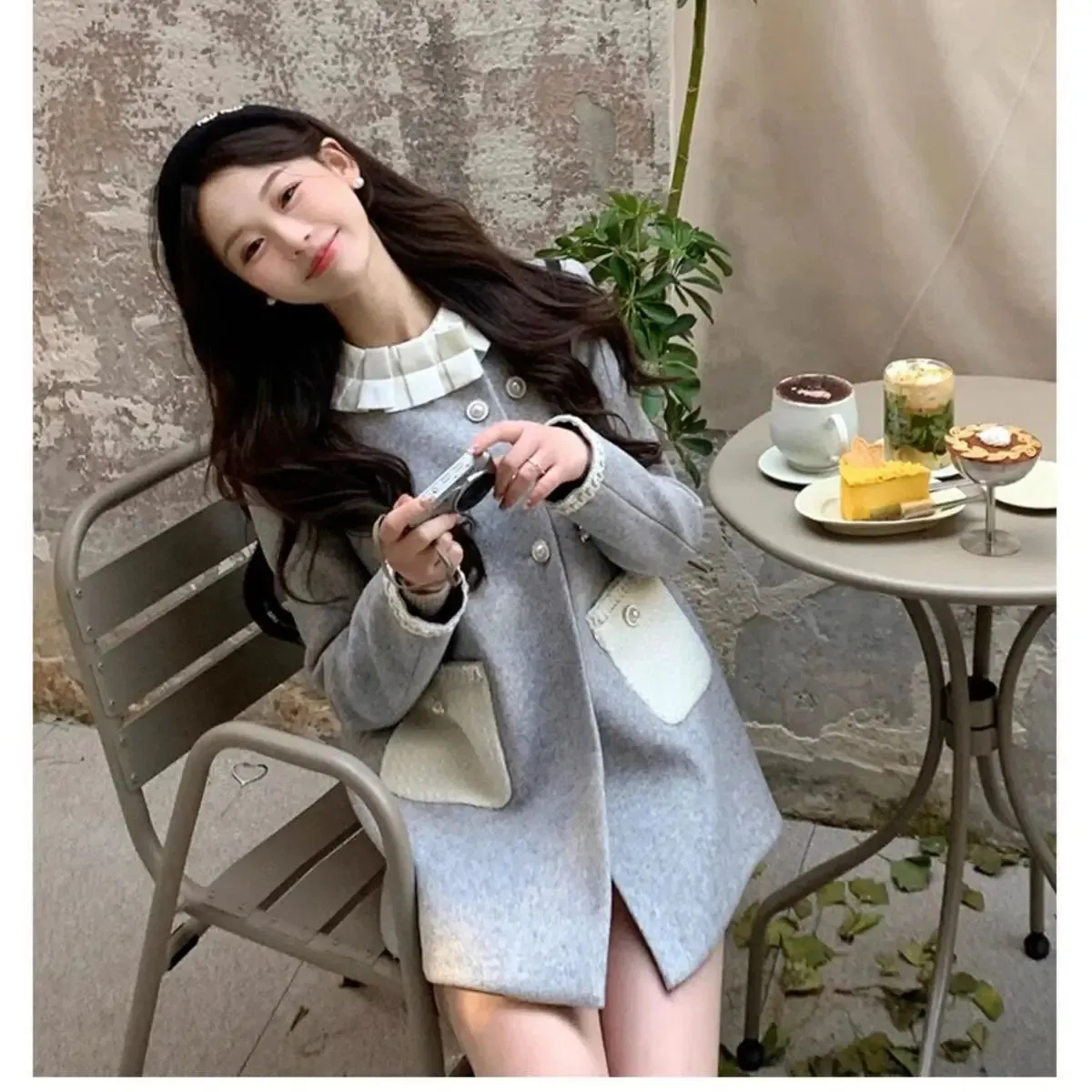 Girlary Wood Ear Hem Wool Coat Women Small Fragrance Patchwork Contrast Jackets French Celebrity Princess Style Trench Coat