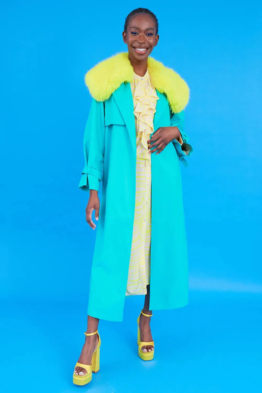 Green Faux Leather Trench Coat with Faux Fur Collar