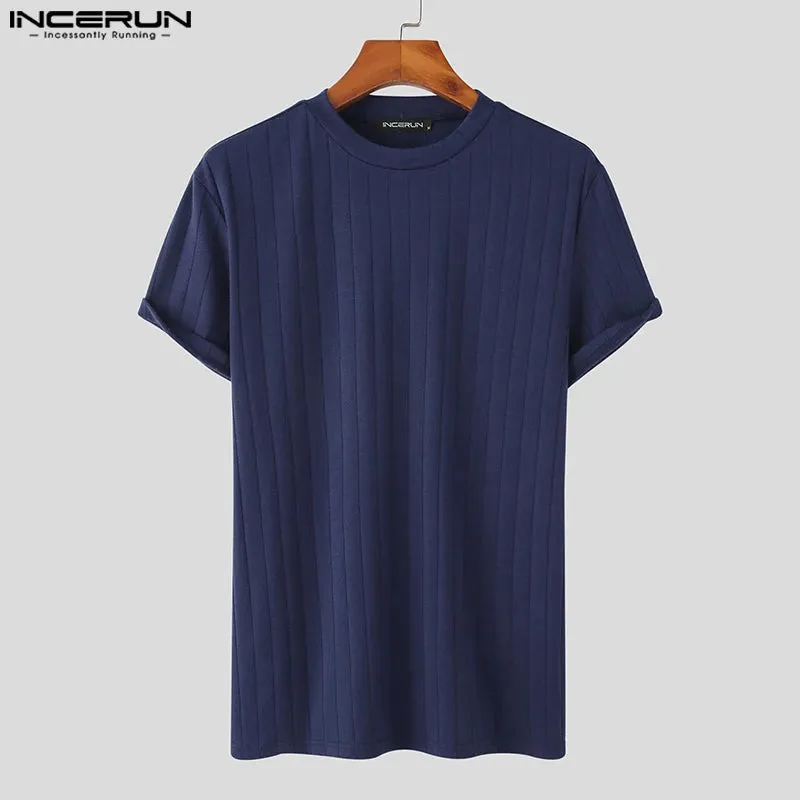 Handsome Well Fitting Tops INCERUN New Men Knitted O-Neck Well Fitting T-shirts Casual Fashion Solid Short Sleeve Camiseta S-5XL