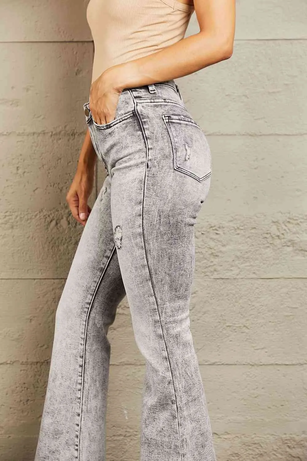 High Waisted Acid Wash Flare Jeans