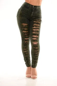 High Waisted Destroyed Jeans - Olive