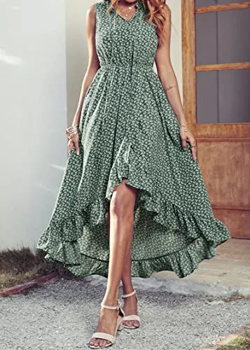 KIRUNDO 2023 Womens Summer Sleeveless Floral Print High Low Maxi Dress Tie V Neck Ruffle A-Line Flowy Beach Dresses(Floral-Green, X-Large)