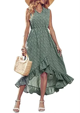 KIRUNDO 2023 Womens Summer Sleeveless Floral Print High Low Maxi Dress Tie V Neck Ruffle A-Line Flowy Beach Dresses(Floral-Green, X-Large)