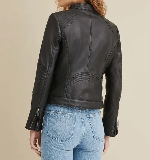 Ladies Leather Jacket with Quilted Shoulder