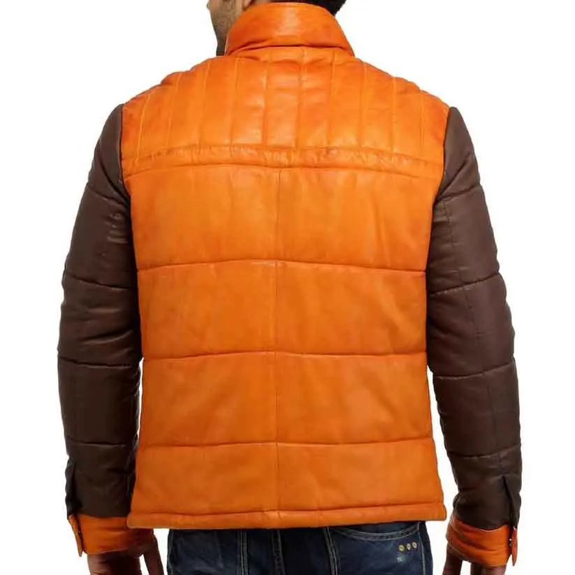 Leather Puffer Jacket with Nylon Sleeve