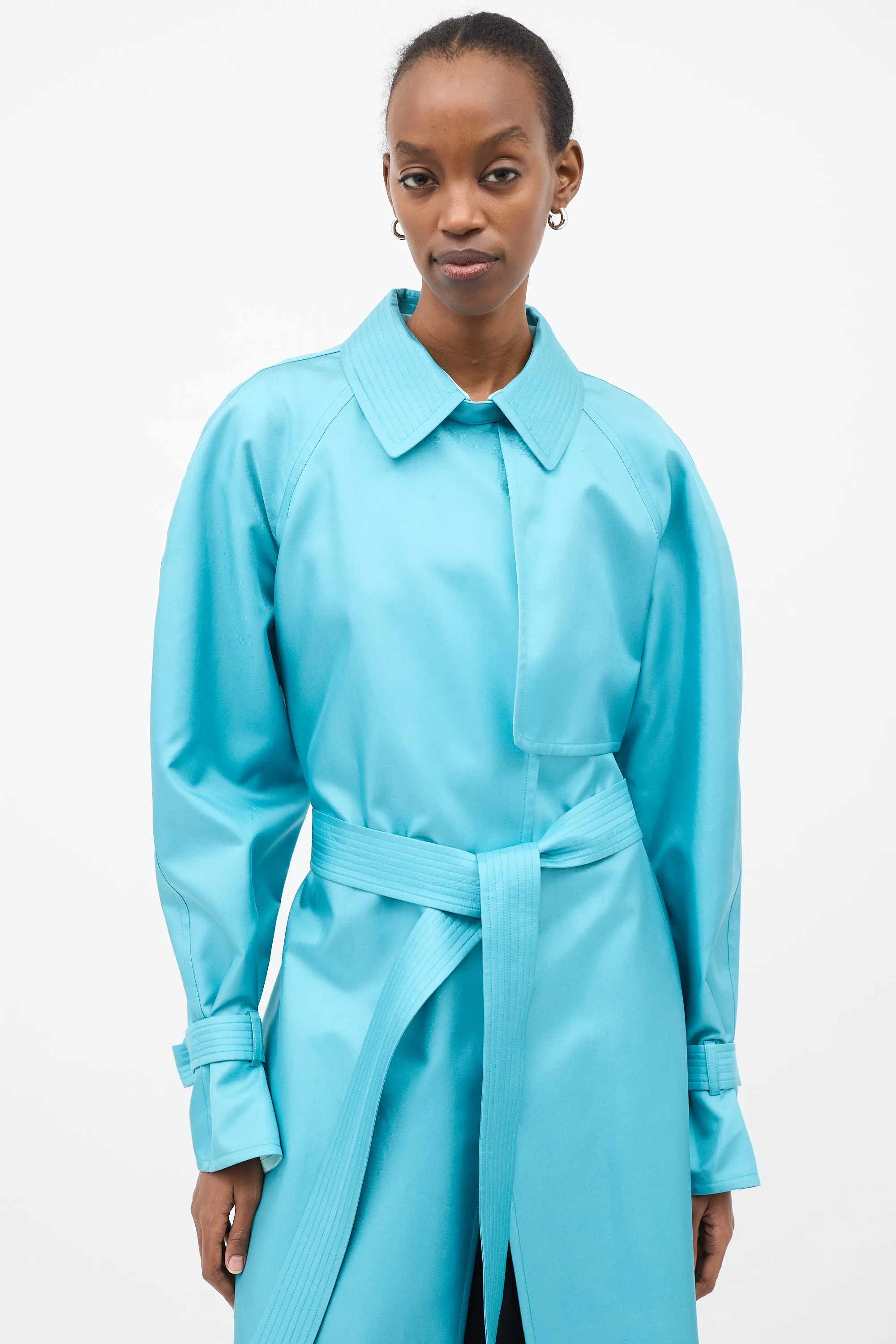 Light Blue Silk Belted Trench Coat