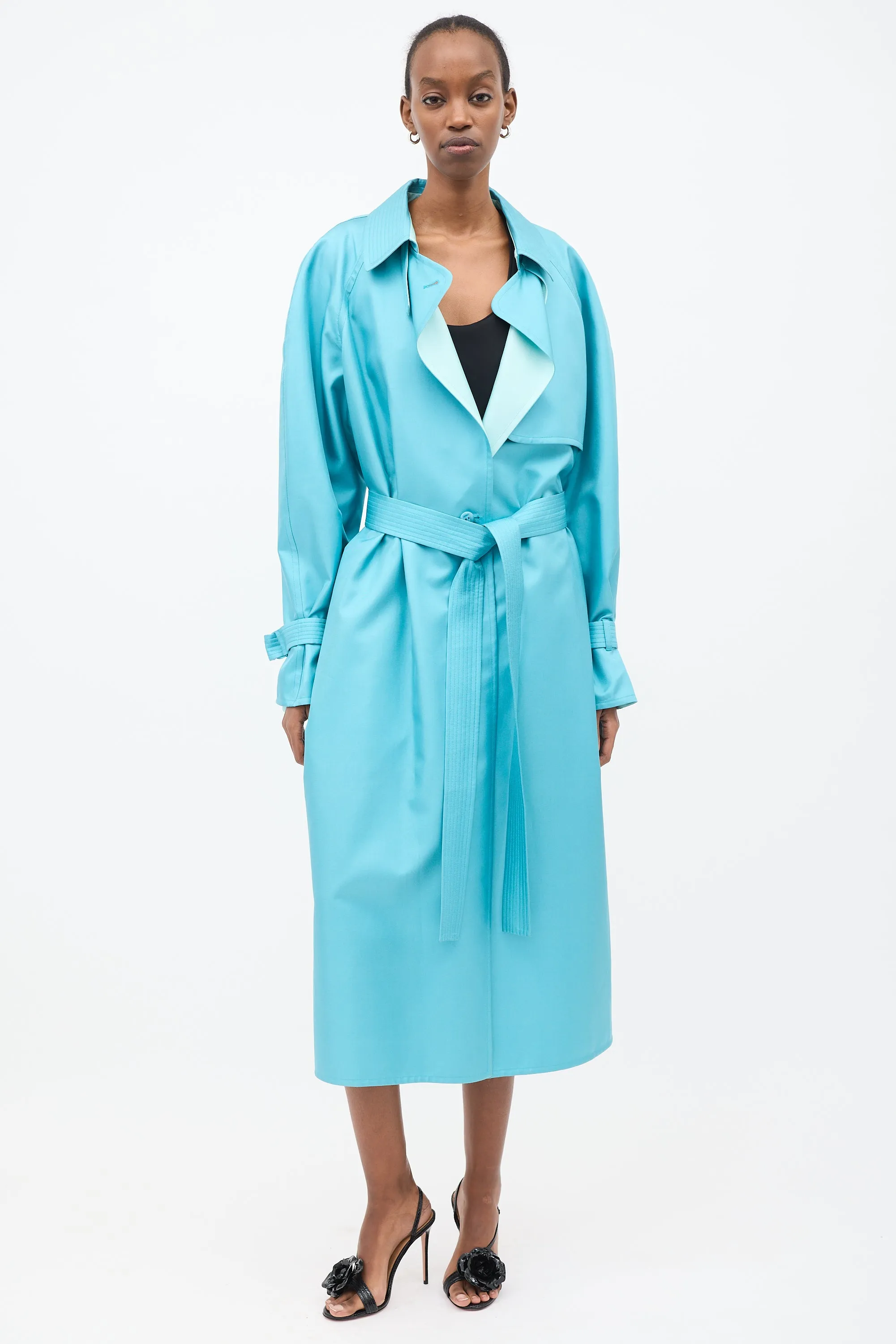 Light Blue Silk Belted Trench Coat