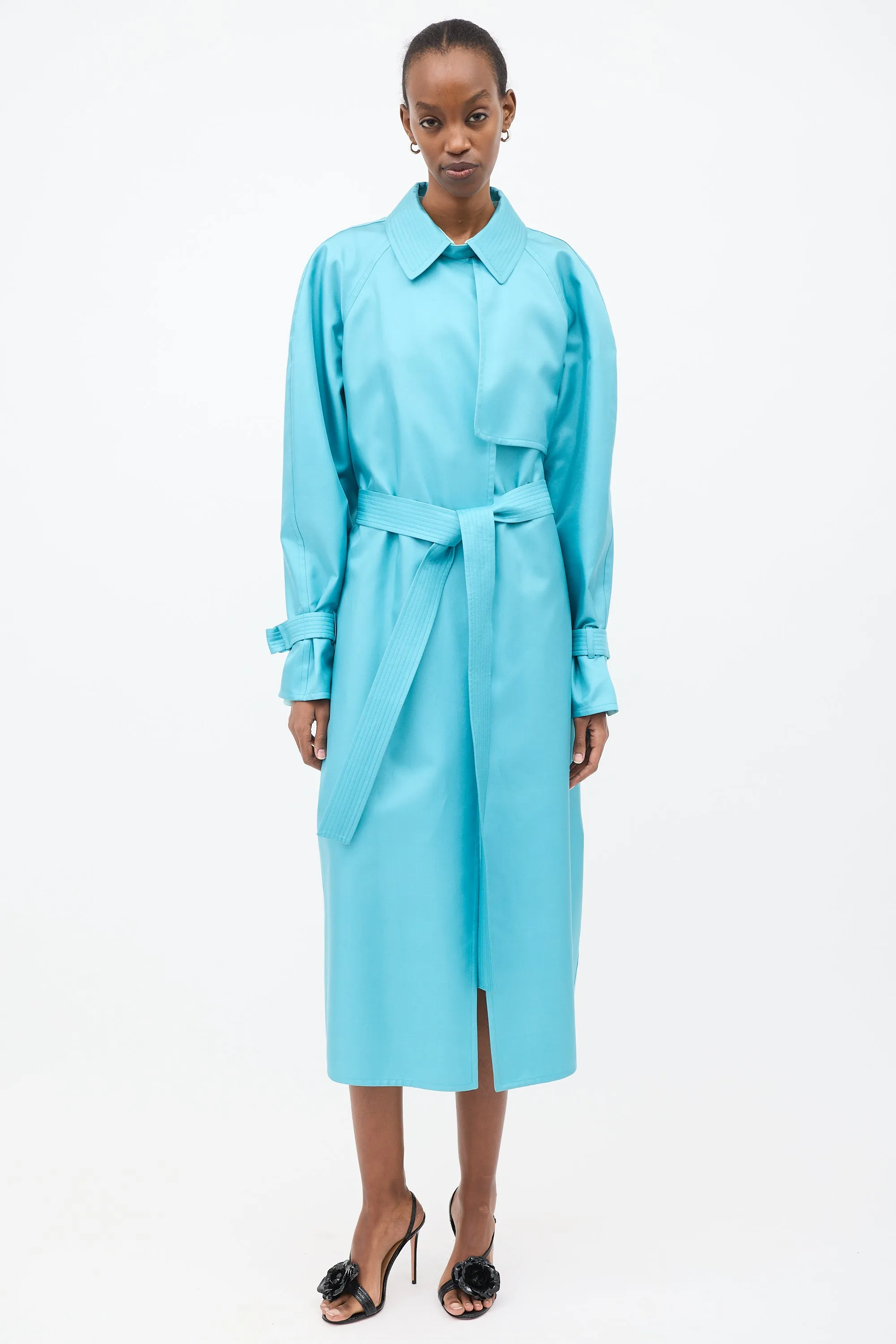 Light Blue Silk Belted Trench Coat