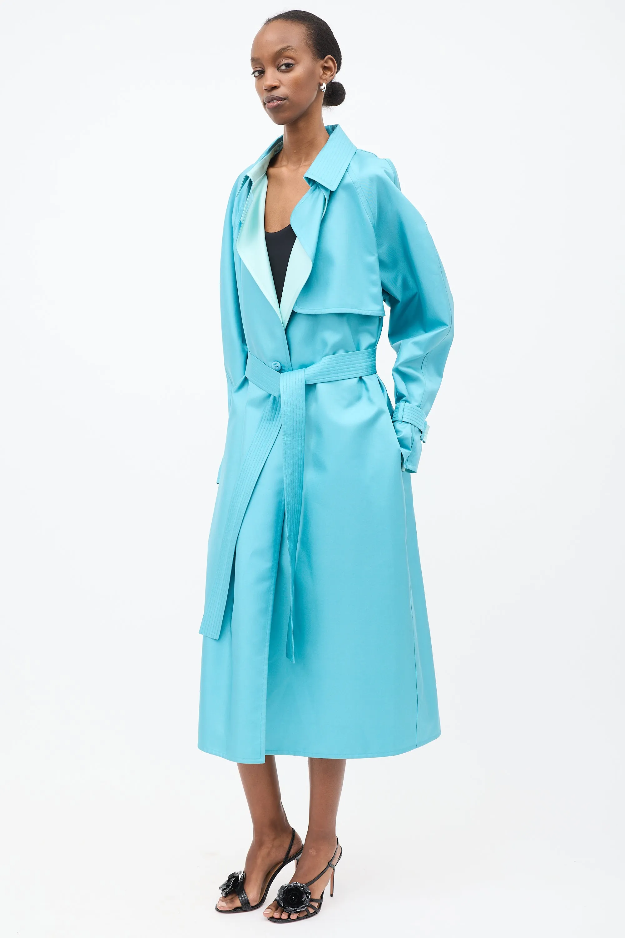 Light Blue Silk Belted Trench Coat