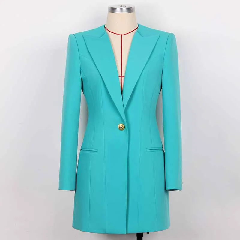 Light Blue Tailored Blazer Dress With Padded Shoulders Woman One Button Blazer Dress