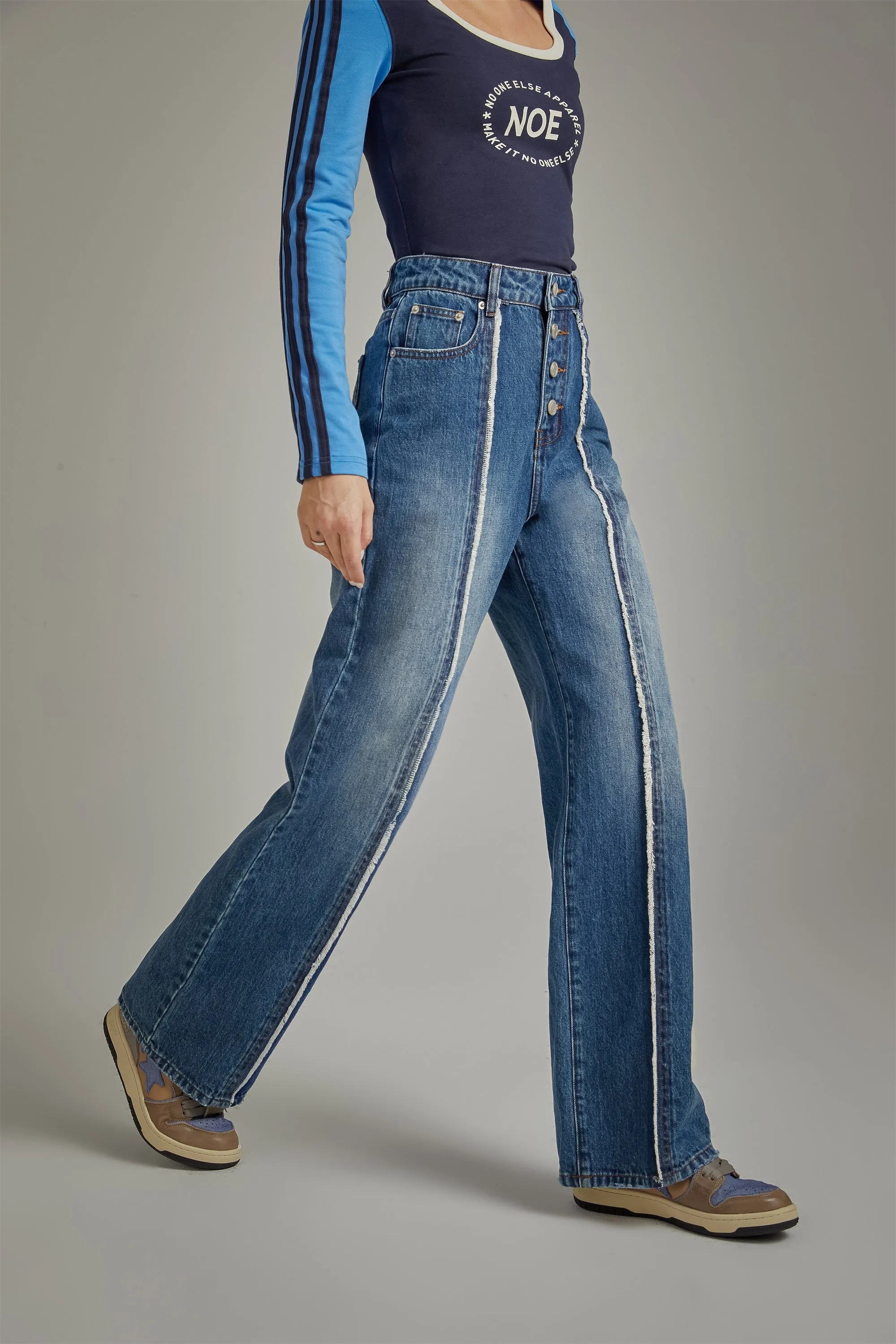 Lined High Waisted Button Wide Denim Jeans