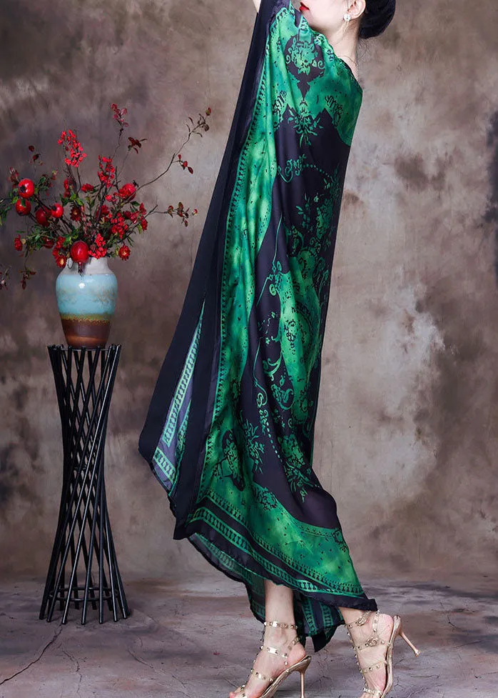 Loose Green O-Neck Asymmetrical Design Print Silk Beach Dress Gown Batwing Sleeve