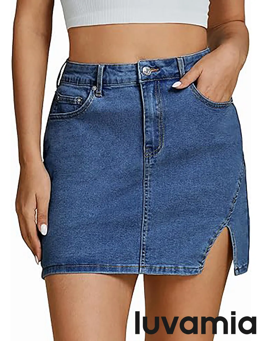 LUVAMIA Women's Classic High Waisted Denim Elastic Slit Tight Mini Skirt