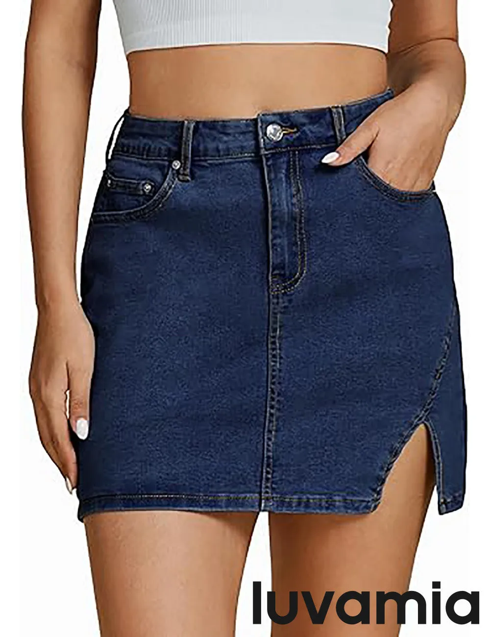 LUVAMIA Women's Classic High Waisted Denim Elastic Slit Tight Mini Skirt