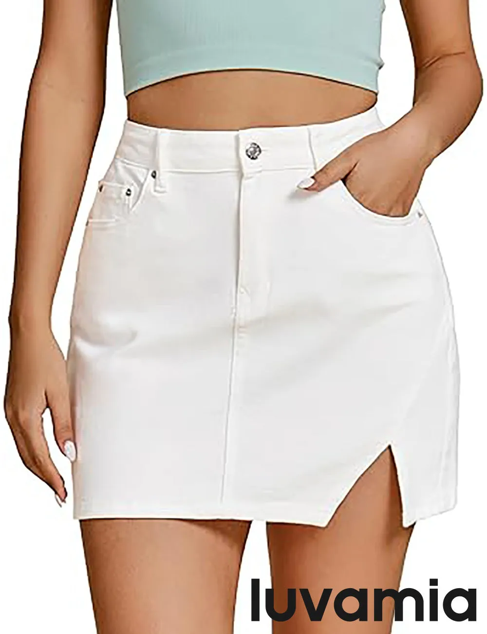 LUVAMIA Women's Classic High Waisted Denim Elastic Slit Tight Mini Skirt