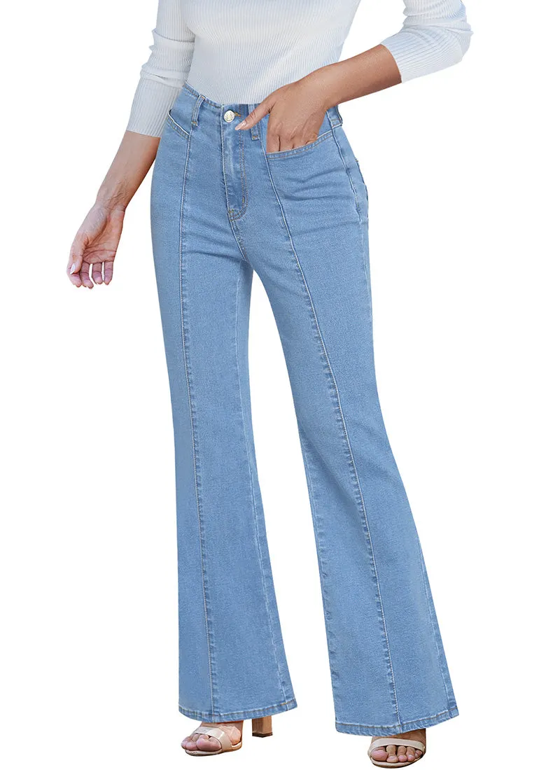 LUVAMIA Women's High Waisted Full Length Regular Stretch Denim Flare Jeans