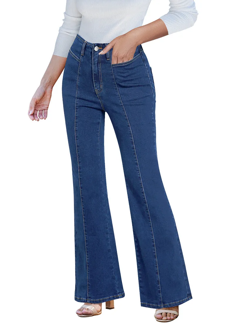 LUVAMIA Women's High Waisted Full Length Regular Stretch Denim Flare Jeans