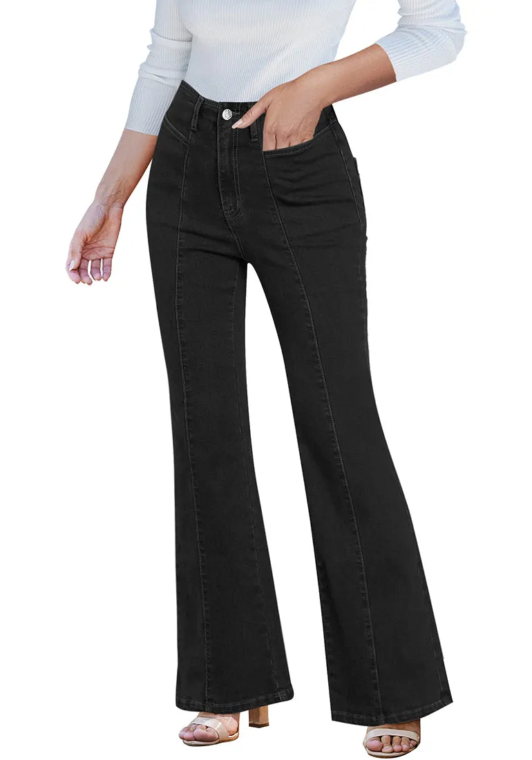 LUVAMIA Women's High Waisted Full Length Regular Stretch Denim Flare Jeans