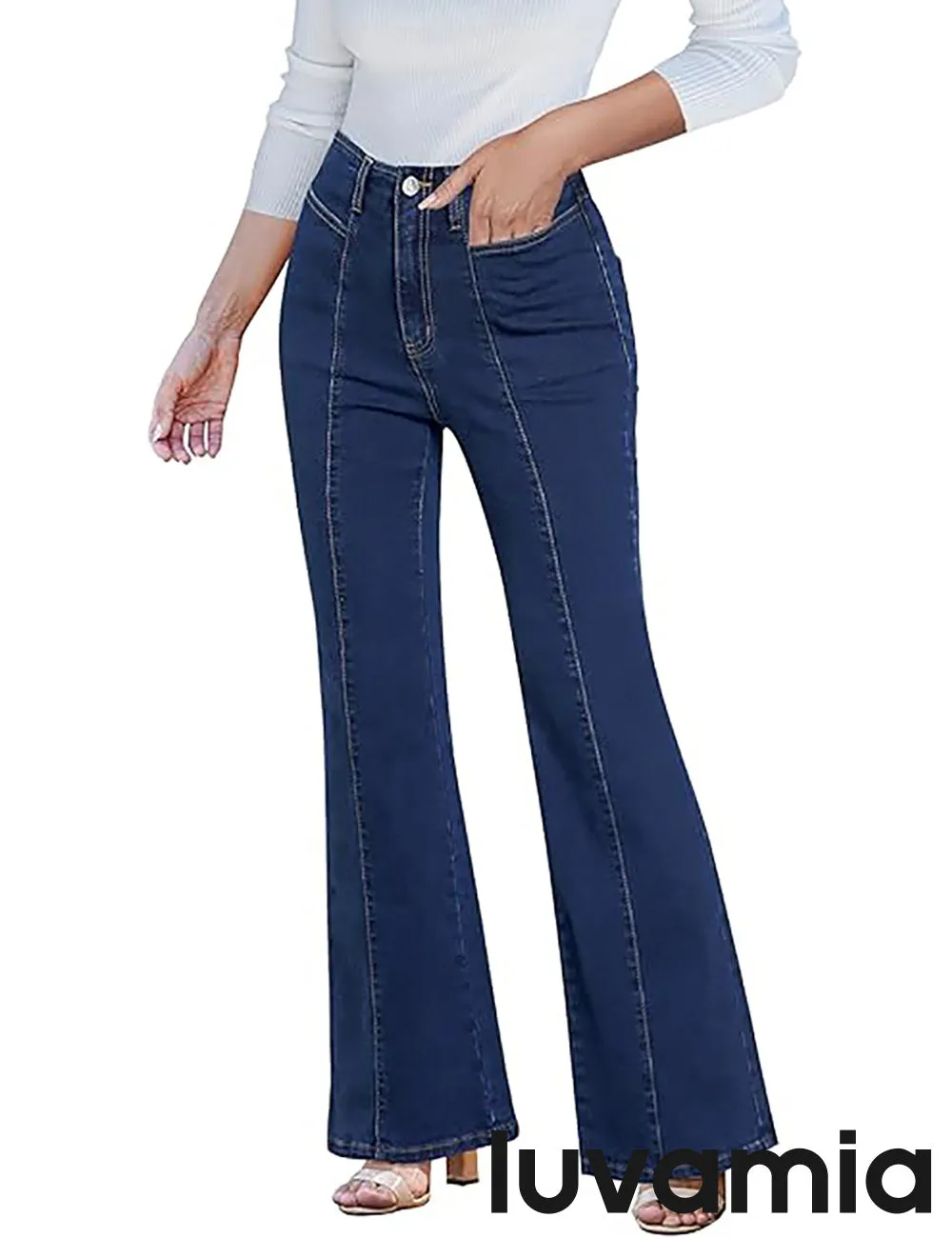 LUVAMIA Women's High Waisted Full Length Regular Stretch Denim Flare Jeans