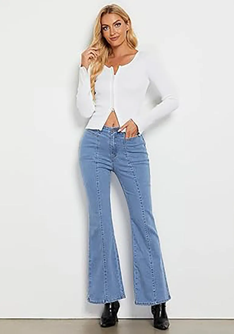 LUVAMIA Women's High Waisted Full Length Regular Stretch Denim Flare Jeans