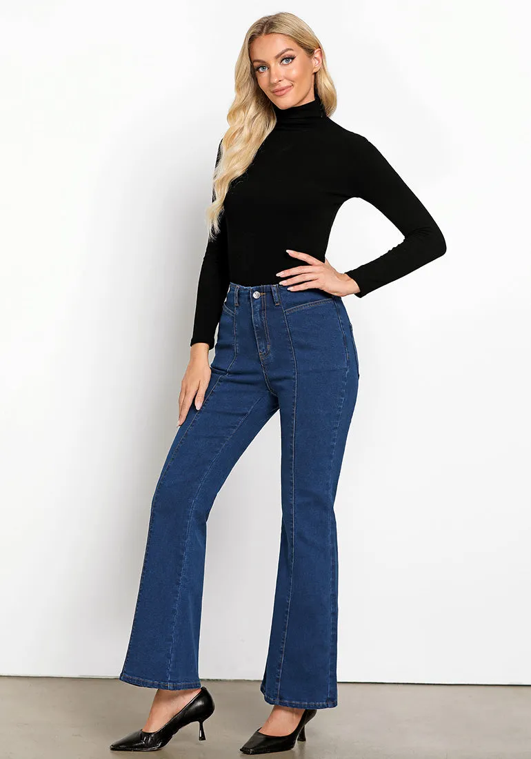 LUVAMIA Women's High Waisted Full Length Regular Stretch Denim Flare Jeans