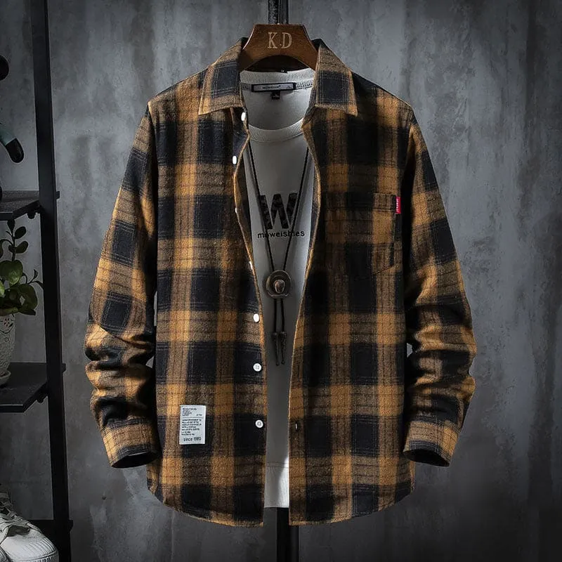 Men Plaid Print Lapel Collar One Pocket Button Up Shirt Jacket