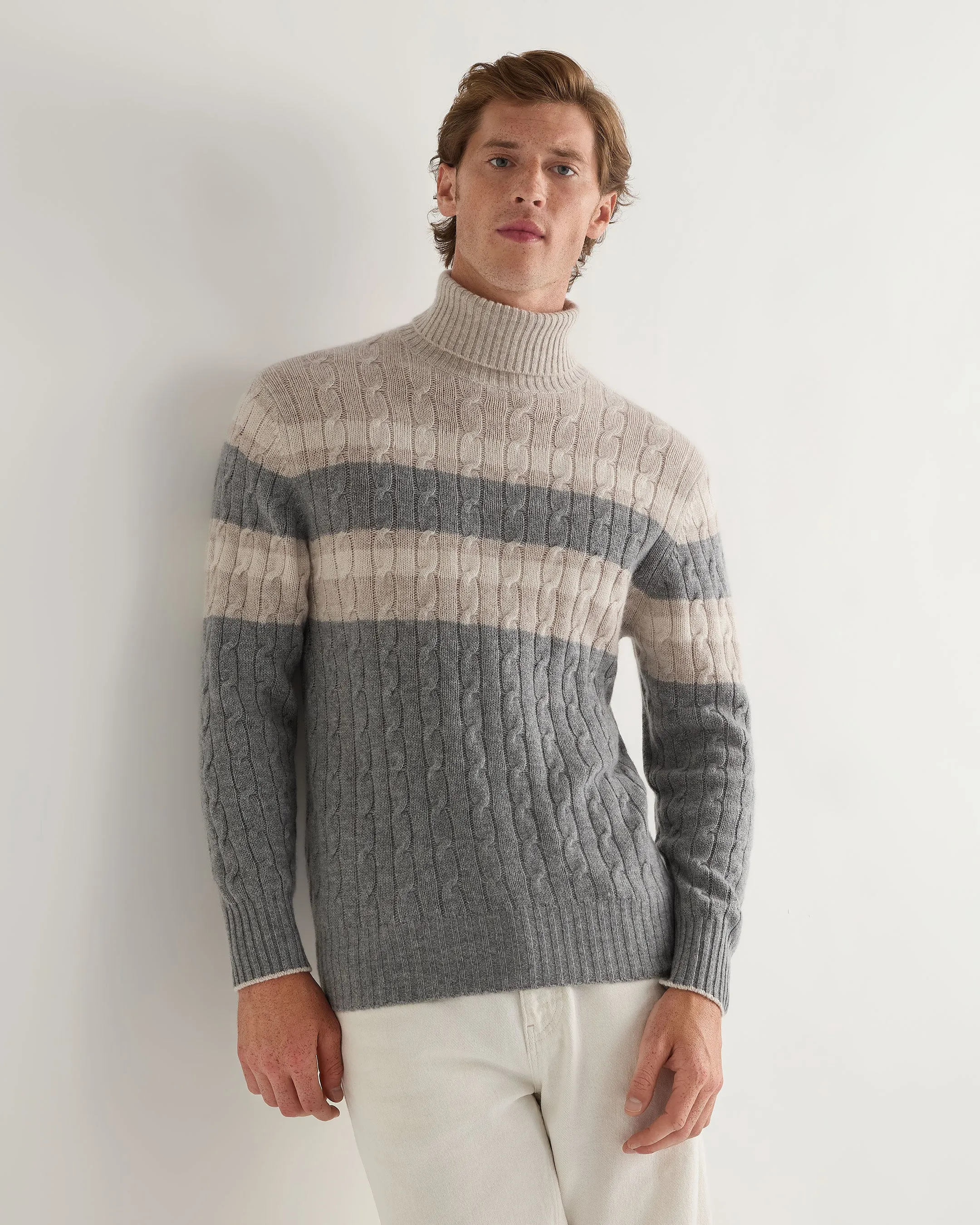 Men's Berwick Stripe Roll Neck Cashmere Jumper Grey