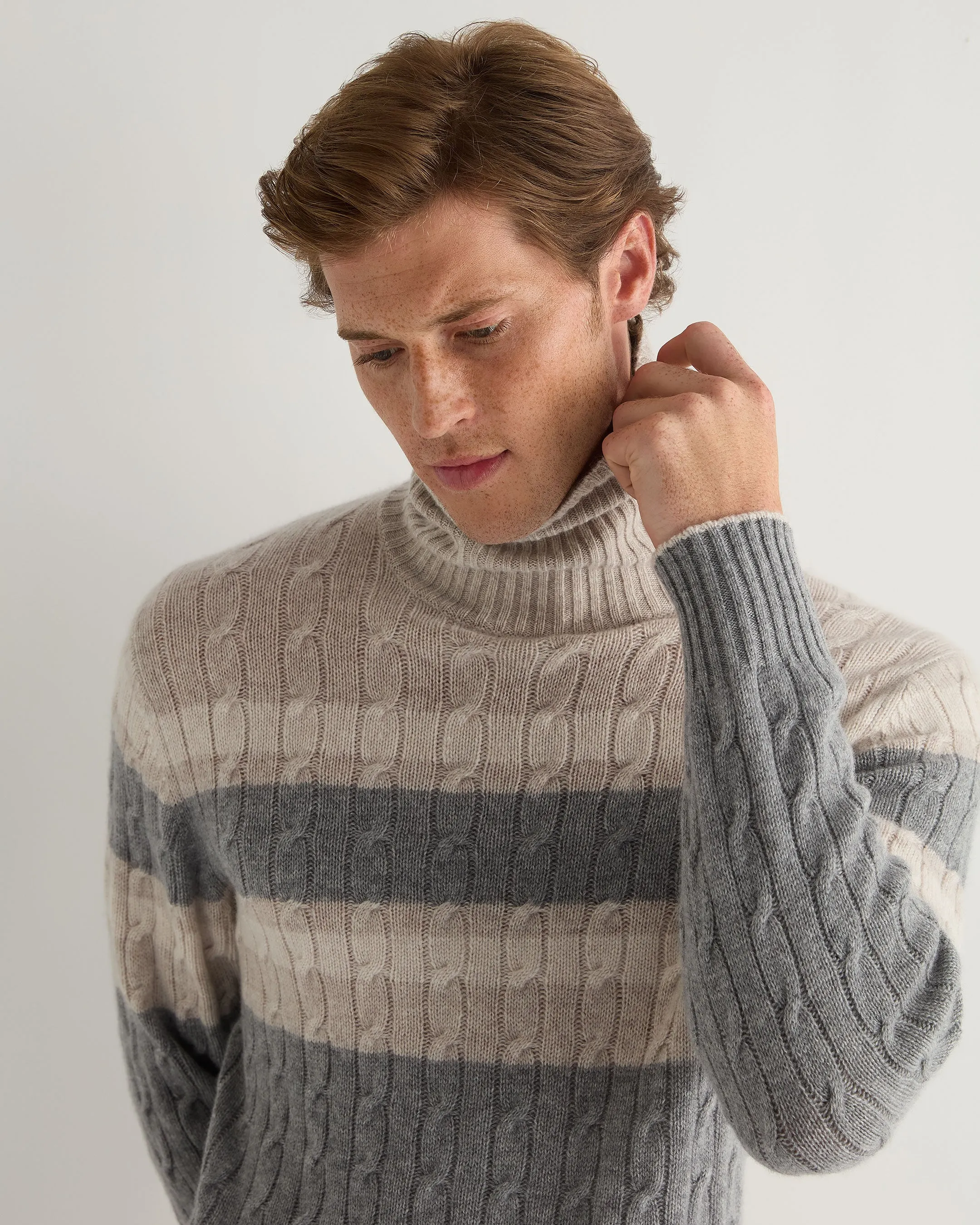 Men's Berwick Stripe Roll Neck Cashmere Jumper Grey