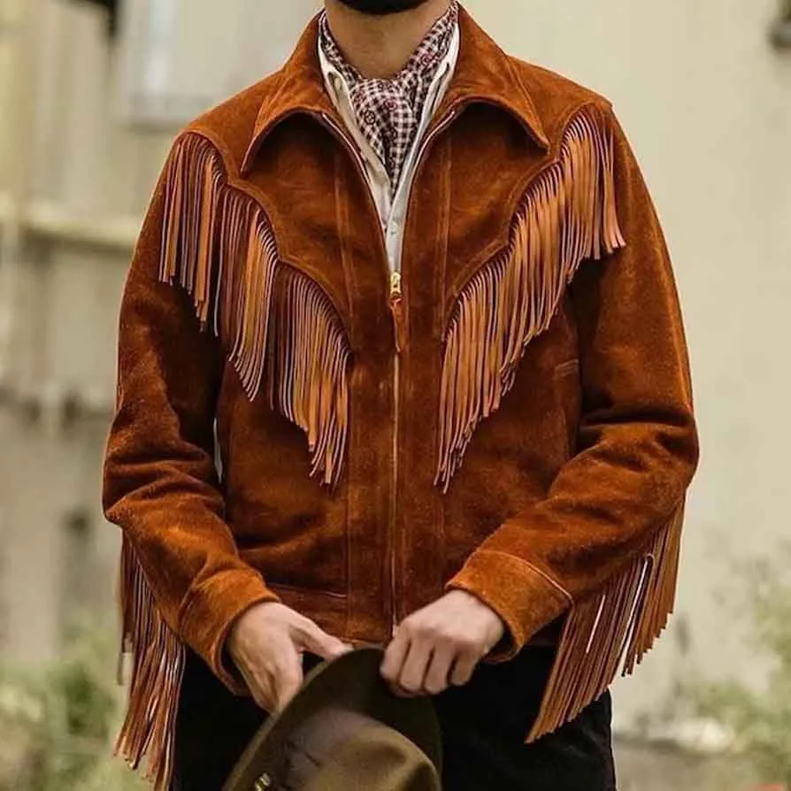 Mens Brown Genuine Suede Leather Fringe Jacket