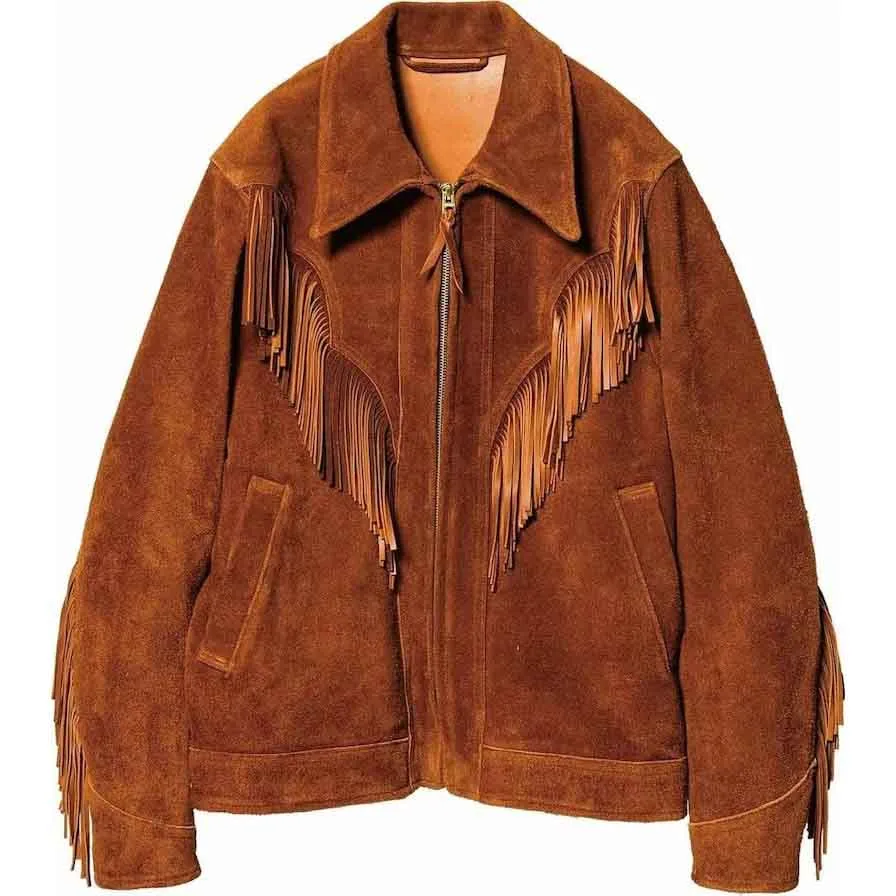 Mens Brown Genuine Suede Leather Fringe Jacket