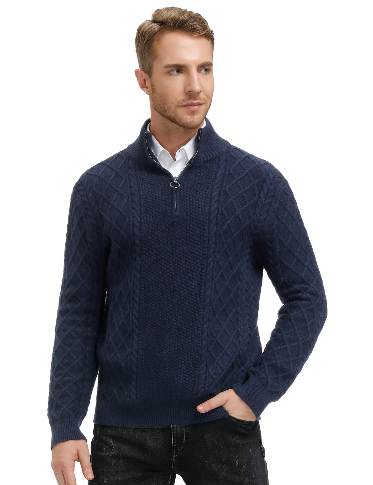 Men's Casual Quarter-Zip Sweaters Cable Knit Thermal Pullover