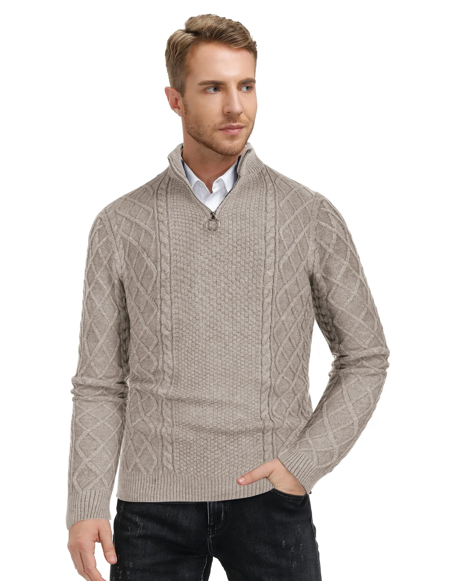 Men's Casual Quarter-Zip Sweaters Cable Knit Thermal Pullover