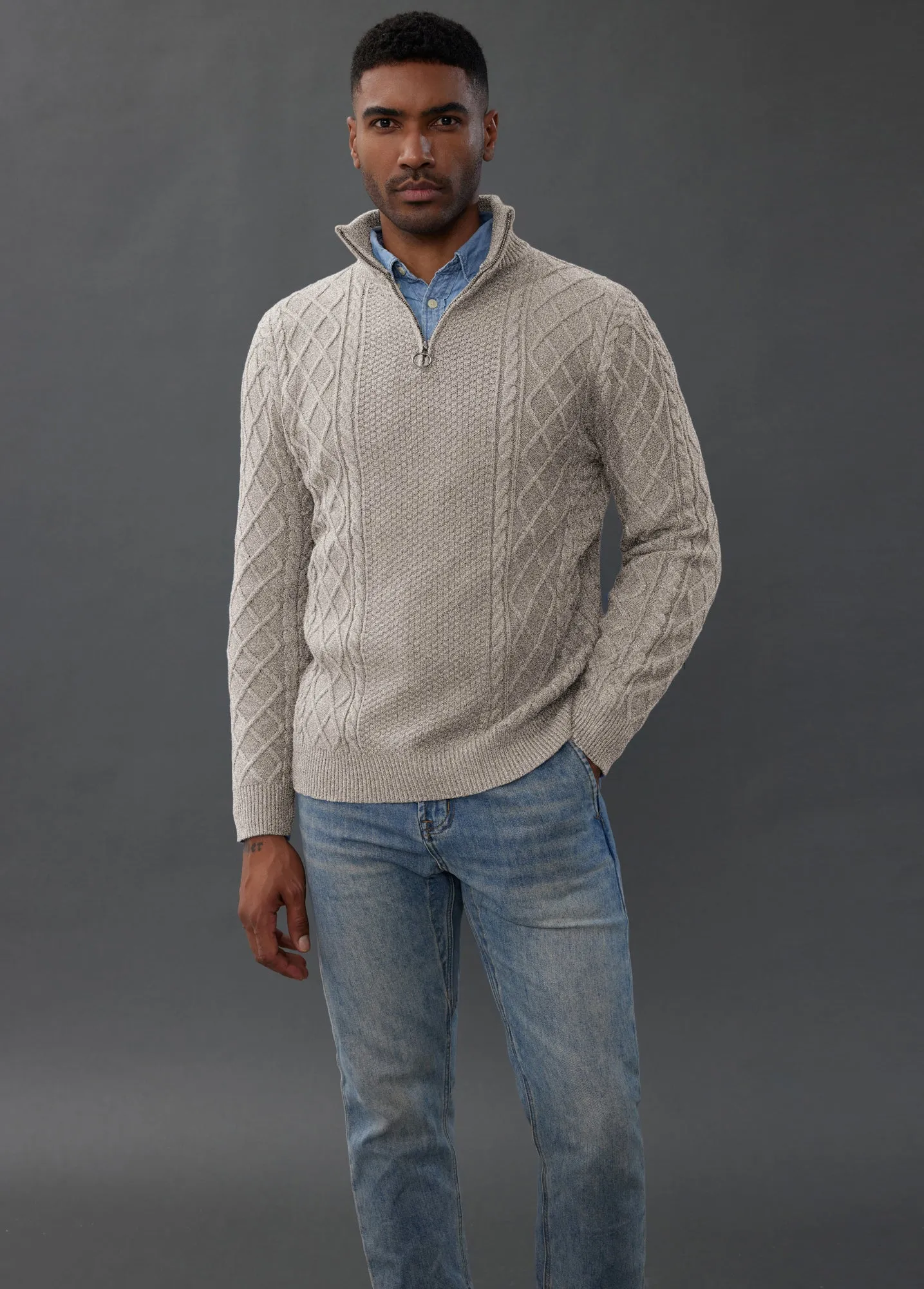 Men's Casual Quarter-Zip Sweaters Cable Knit Thermal Pullover