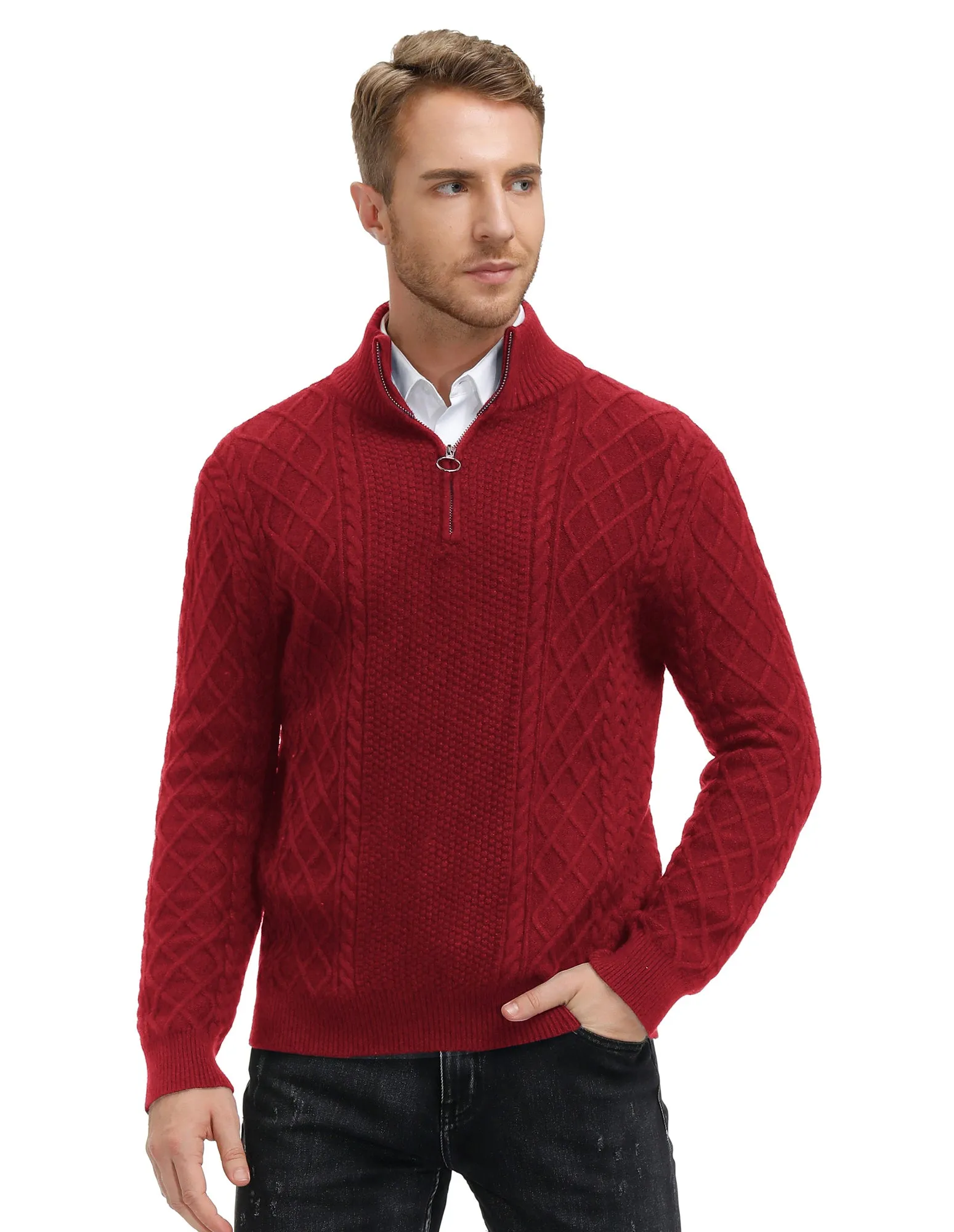 Men's Casual Quarter-Zip Sweaters Cable Knit Thermal Pullover