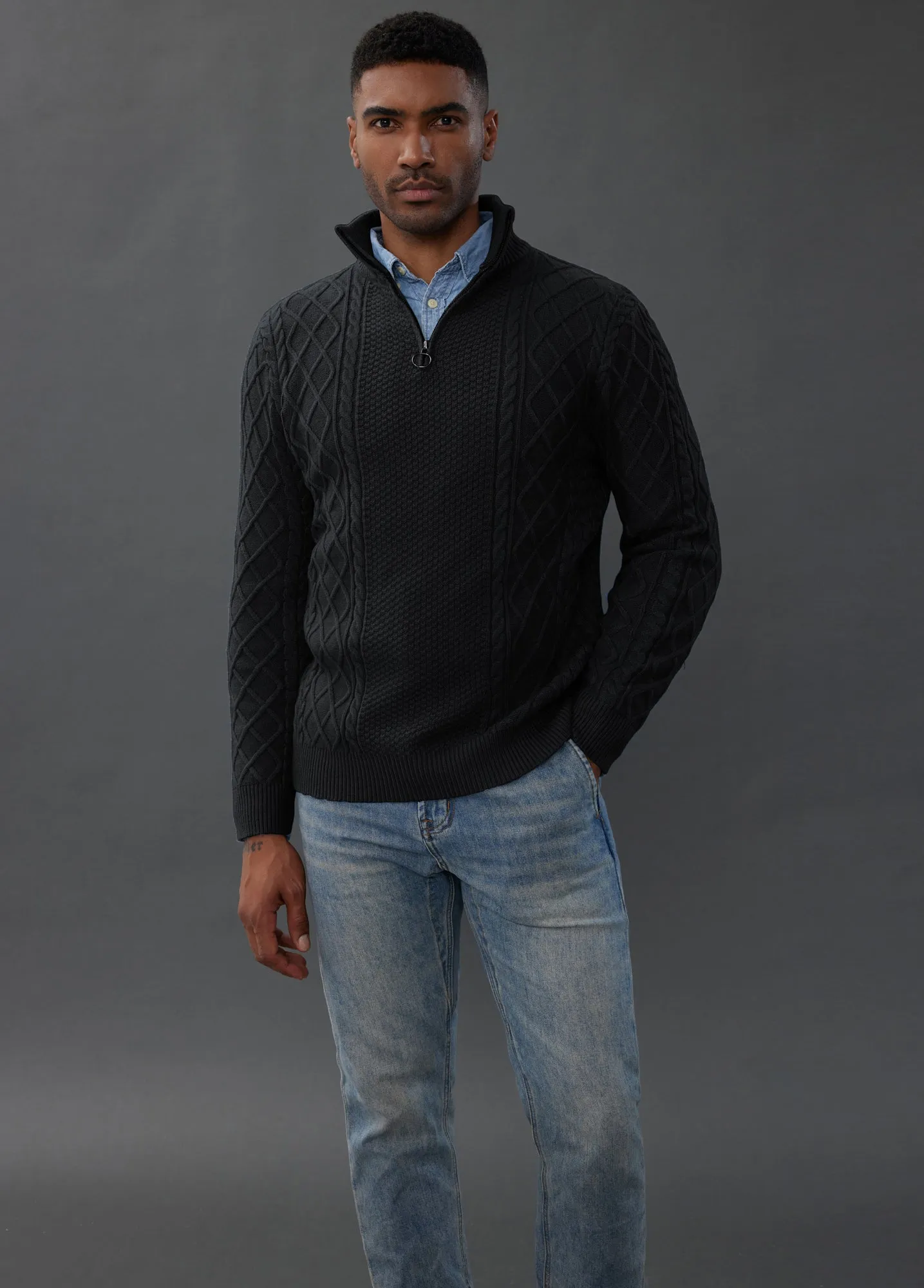 Men's Casual Quarter-Zip Sweaters Cable Knit Thermal Pullover