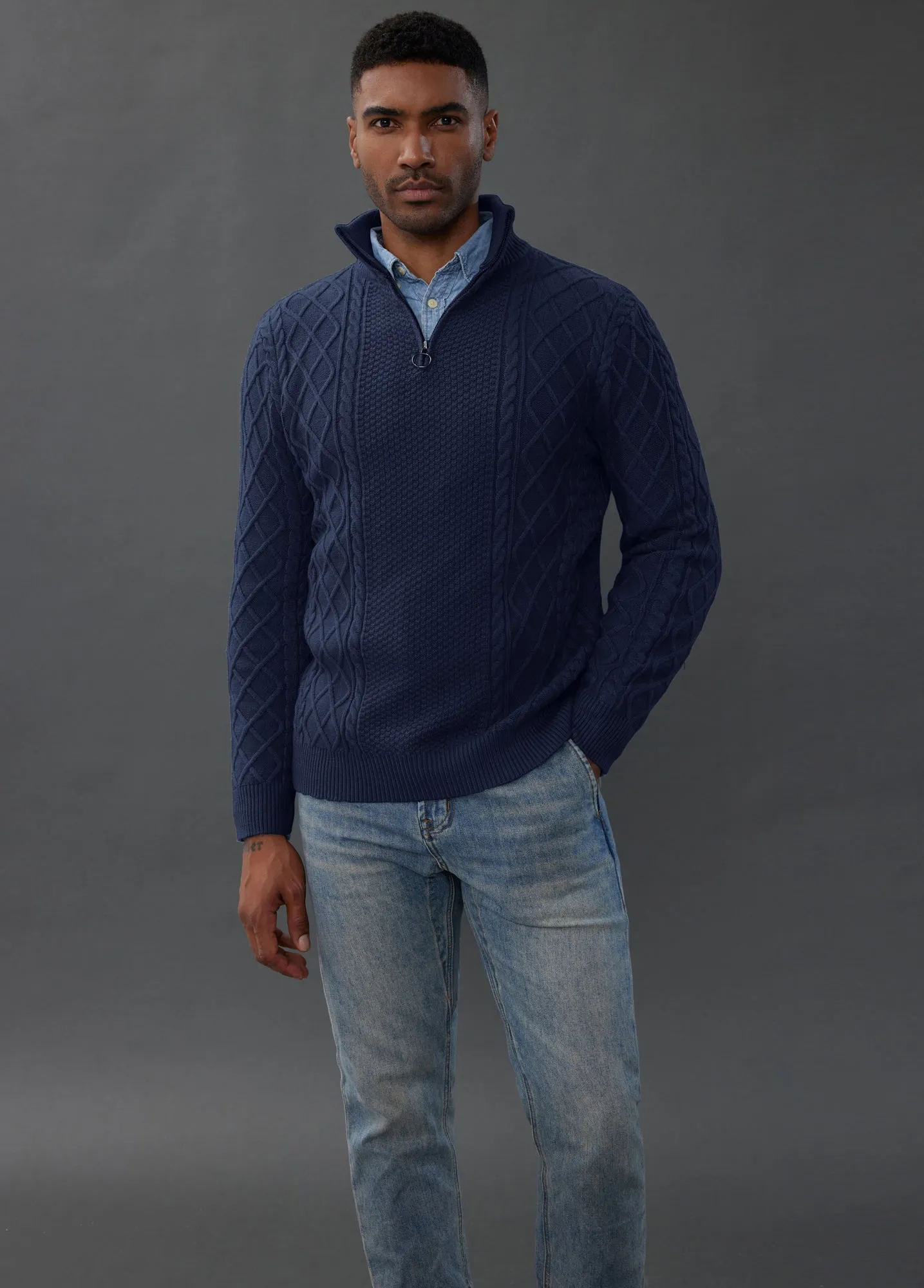 Men's Casual Quarter-Zip Sweaters Cable Knit Thermal Pullover