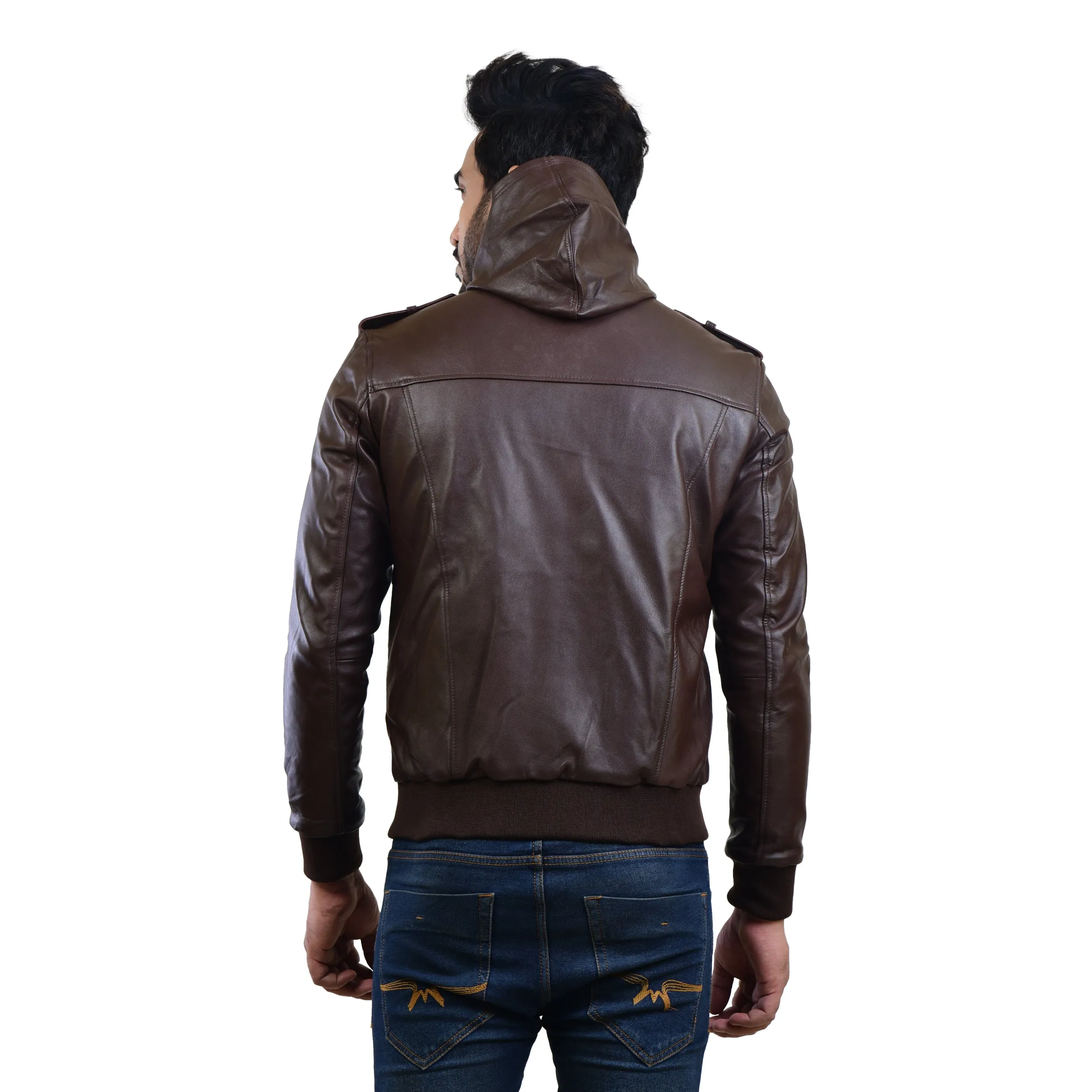 MENS LEATHER HOODED JACKET 410144(BROWN)