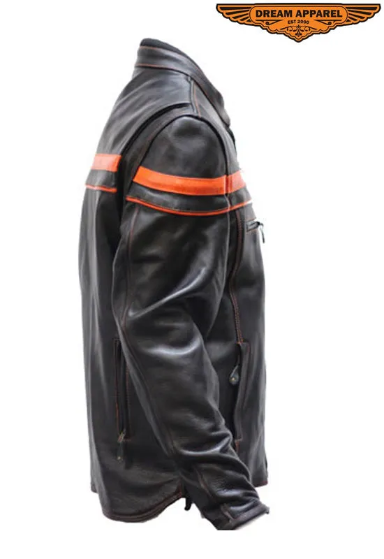 Mens Leather Jacket With Orange Stripes