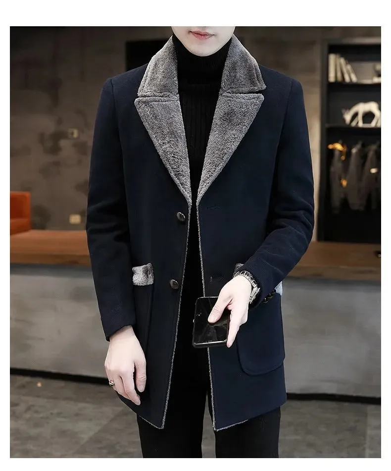 Men's Winter Fur Collar Trench Coat Slim Fit Mid-Long Blend Overcoat for Cold Weather | D-3229