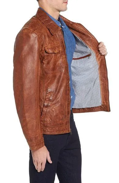 MISSANI LE COLLEZIONI Washed Lamb Men's Leather Jacket in Cognac