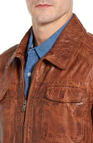 MISSANI LE COLLEZIONI Washed Lamb Men's Leather Jacket in Cognac