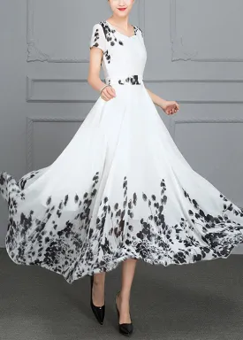 Natural White V Neck Print High Waist Chiffon Long Beach Dress Summer LY1789