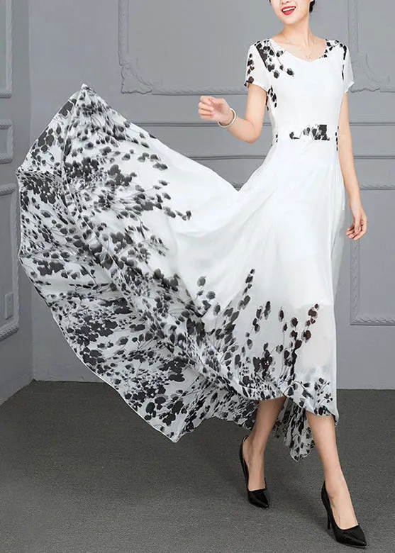 Natural White V Neck Print High Waist Chiffon Long Beach Dress Summer LY1789